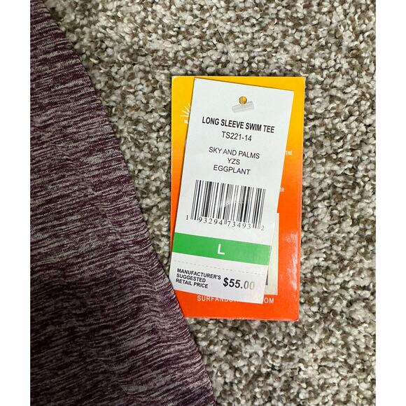 Surf & Swim Co SPF 50+ Long Sleeve Swim Shirt Sky & Palm Eggplant Lg New - Picture 2 of 6